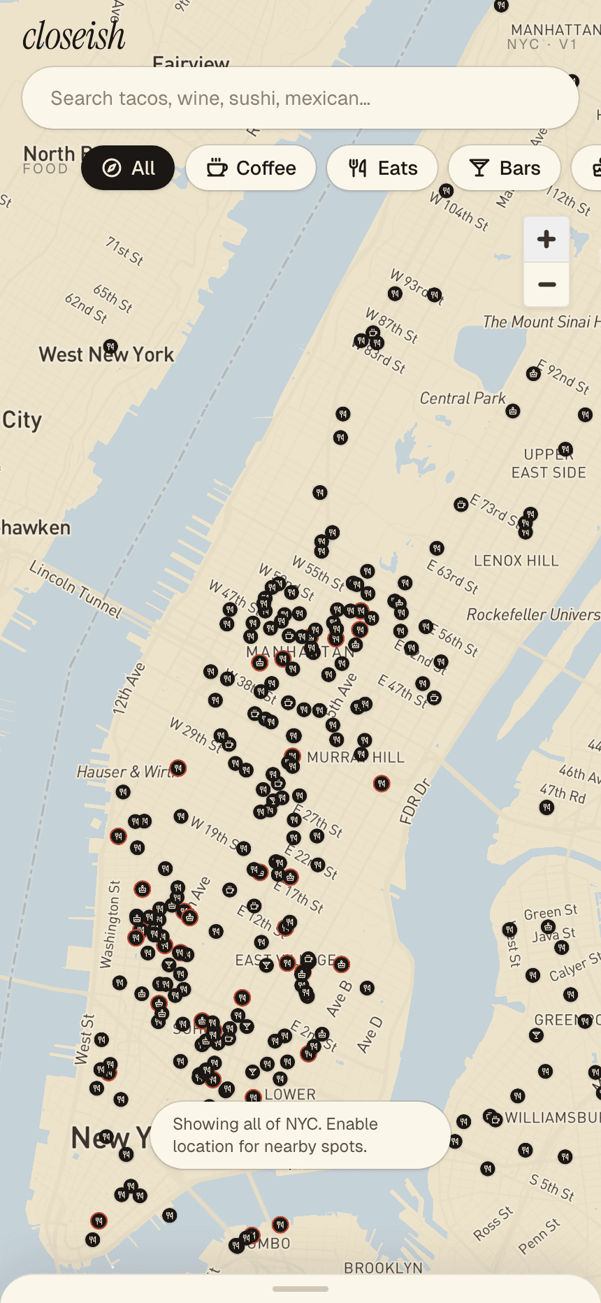 Map of NYC food spots with vermillion priority pins